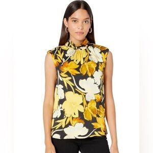 MILLY Riley Paper Peony Print  Mock Neck Sleeveless Top, Yellow/Black, NEW, L